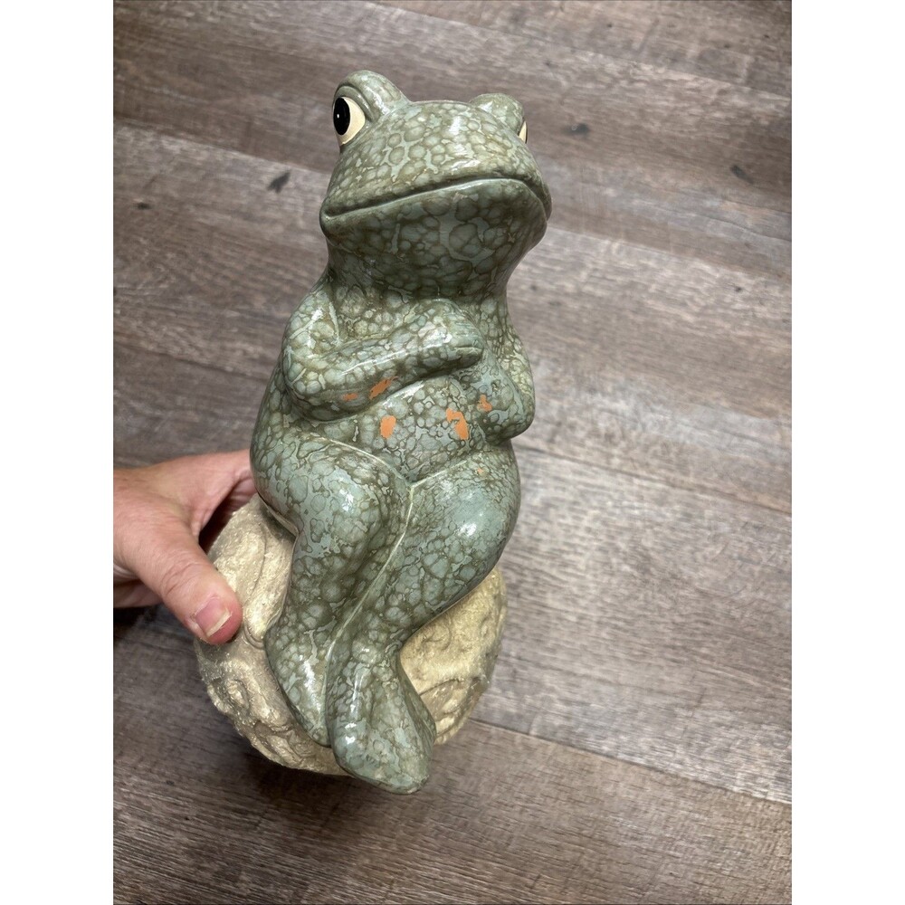 Tranquil Garden Ceramic Frog Figure Sitting on Ball 10.5” Yard Art
